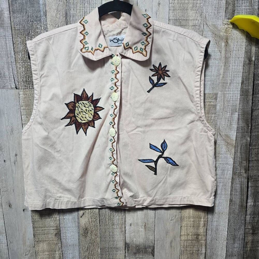 InStyle Vintage 90s Veige Floral Graphic Cropped Vest Button Up Shirt Hippy Retr